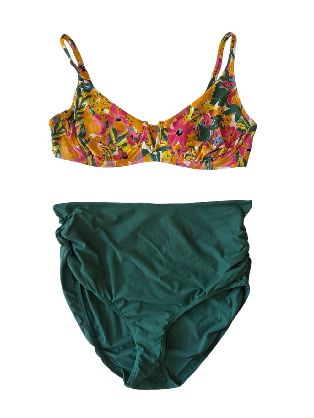 Floral Print Bikini Top with Forest Green High Waist Bottom Size large